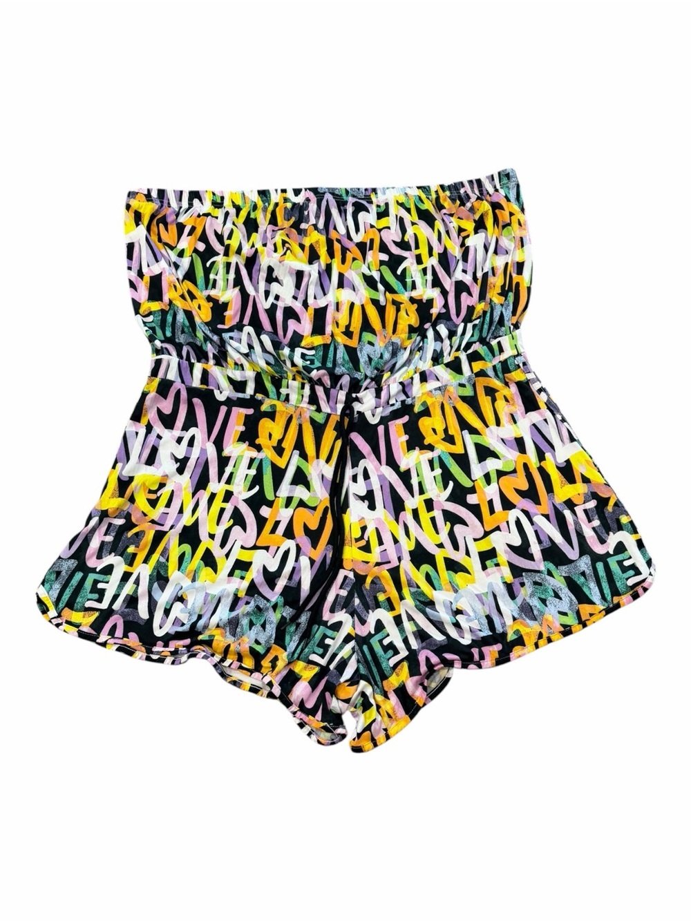 It’s Strapless 'Love' Graffiti Women’s Romper Shorts - Black with Multicolor 3X